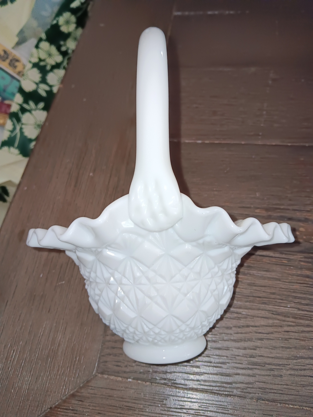 White Milkglass Decorative Glass Basket with Ruffled Edge